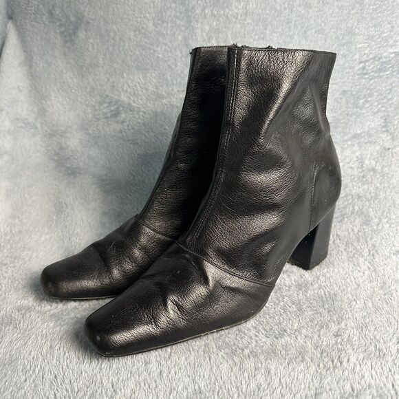 Vtg Y2K Black Block Heel Leather Zip Up Boots Women’s Sz 8.5 Square Toe Booties - Picture 1 of 4